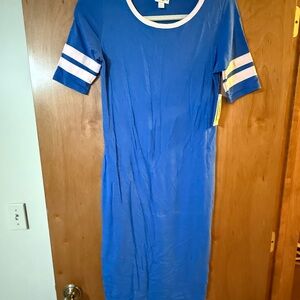 LuLaRoe Blue Midi Dress with White Stripes